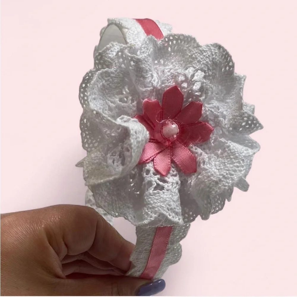Hand Crafted White and Pink Lace Headband
